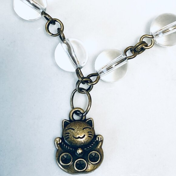 Genuine Clear Quartz Short Necklace, Cute Bronze Fortune Cat + Natural Gemstone - Picture 4 of 16